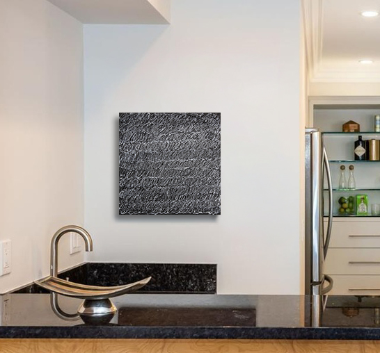 "Rhythm Graphite" hanging in a kitchen