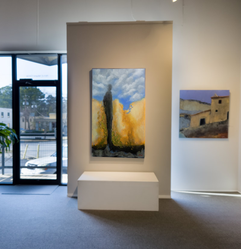 "Of Earth and Sky" in foreground, with "Adaptions" by Henry Callahan (left) and "Yellow Blue #1" by w.e. pugh