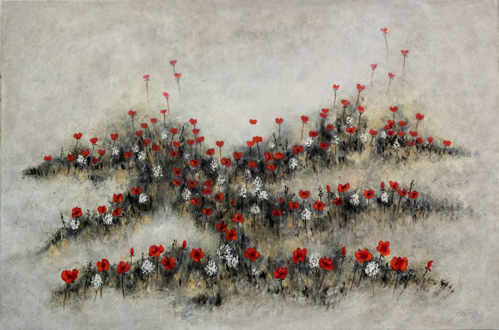 Scarlet Ribbons 36 x 60 by Charles H. Reinike III - red poppies across a misty, atmospheric landscape.
