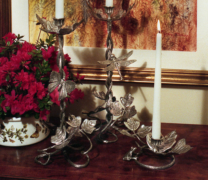 Pair of Low Kudzu Candle Holders on Table with Tall Braided Candle Holder